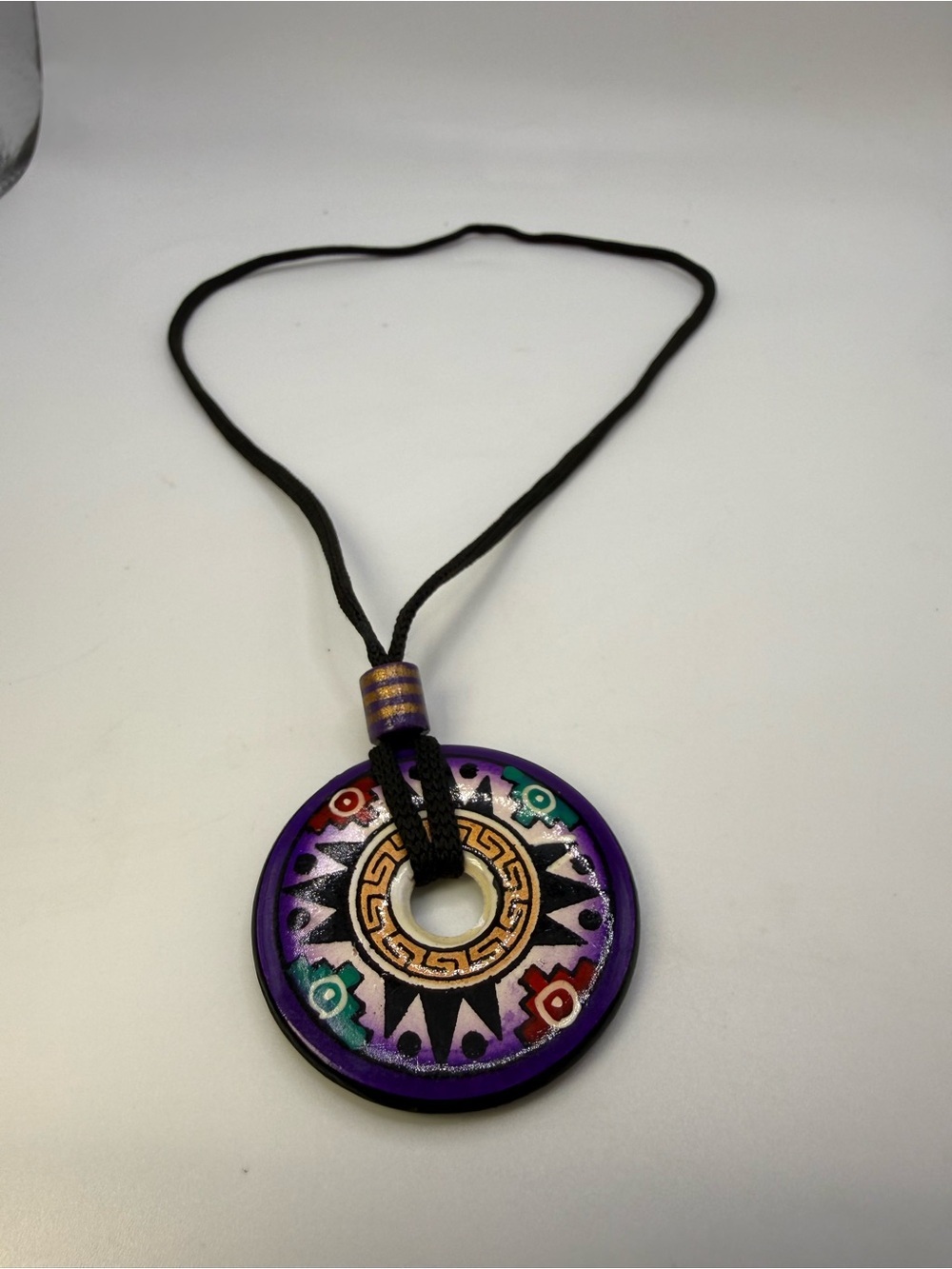 Handmade Peruvian Ceramic Pendant Necklace Inca Geometric Disc 18”